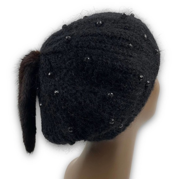 70's Italian mink tail mohair wool beaded beret winter hat - Picture 11 of 14
